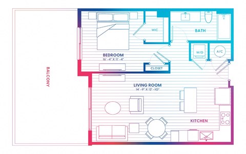 Floor plan for 1 bed, 1 bath, 700 sqft